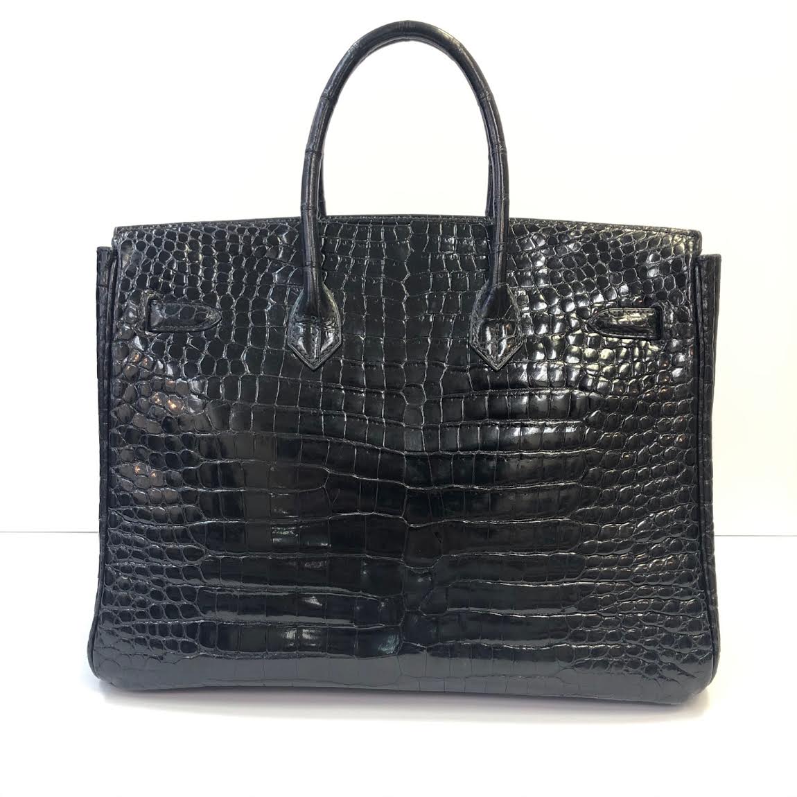 Preloved Hermès Birkin 35 Black and Feu Shiny Porosus Croc with