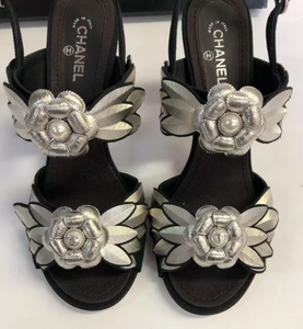 CHANEL Camellia Metal/Pearl Detail Heels