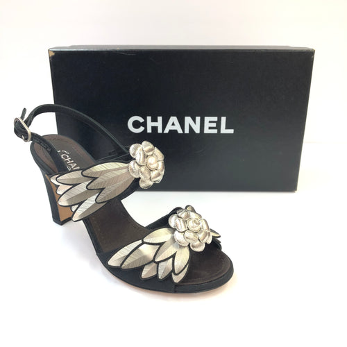 CHANEL Camellia Metal/Pearl Detail Heels