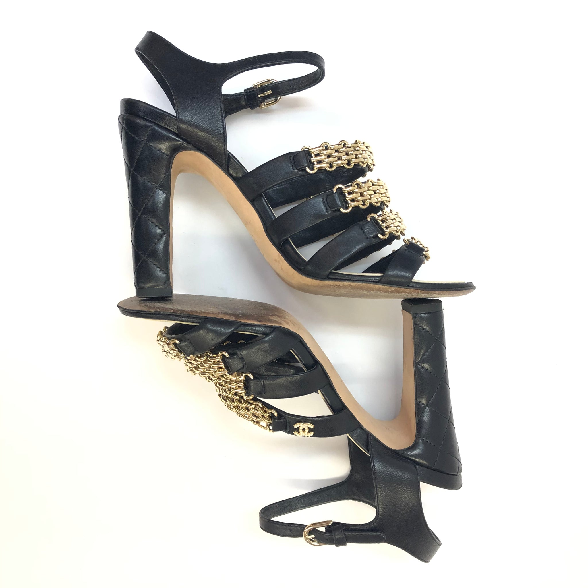 Chanel Black Leather Chain Embellished TriStrap Block Heel Sandal  I MISS  YOU VINTAGE